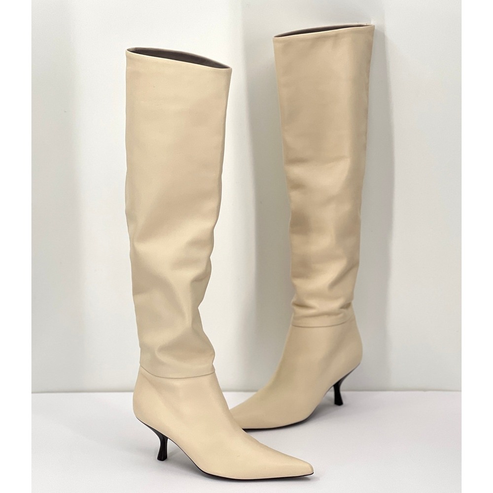 THE ROW Bourgeoisie Leather Over the Knee Boot Women 8.5 Cream Pull On Pointed